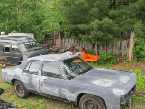 1991 Ford LTD Crown Victoria - A primer-coated sedan sits in a yard next to a green van, with a wooden fence and trees in the background.