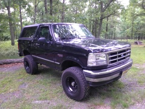 1995 Ford Bronco - A black Ford Bronco sits in a grassy clearing surrounded by trees, its lifted suspension and large tires visible.