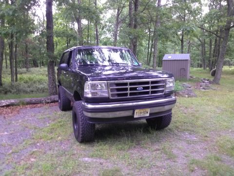 1995 Ford Bronco - 1995 Ford Bronco XLT in a wooded setting. Features aftermarket wheels and a prominent grille.