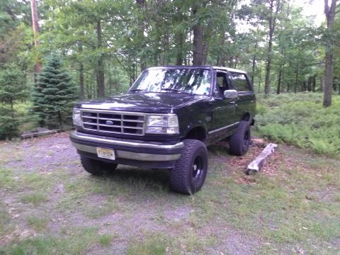 1995 Ford Bronco - A black Ford Bronco is parked on a grassy area surrounded by trees.