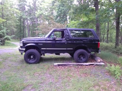 1995 Ford Bronco - A black Ford Bronco is parked on a grassy area surrounded by trees, showing its side profile.