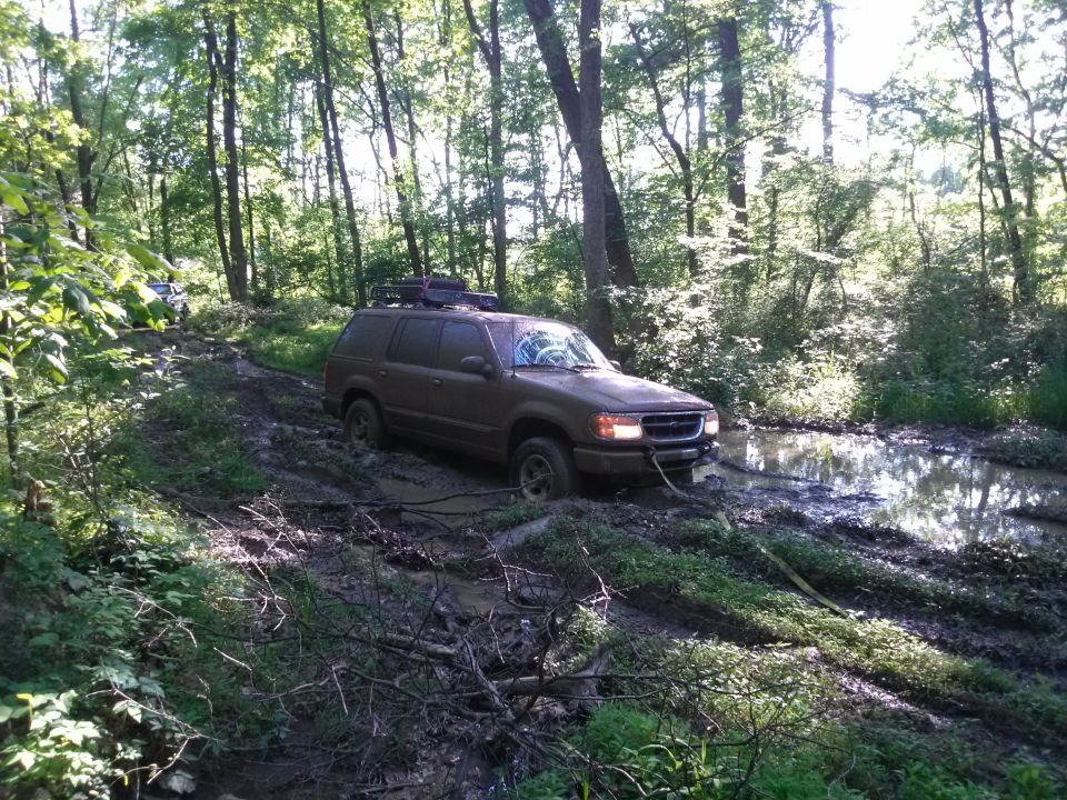 Brown Ford Explorer stuck in mud on a wooded trail, front-left wheel submerged