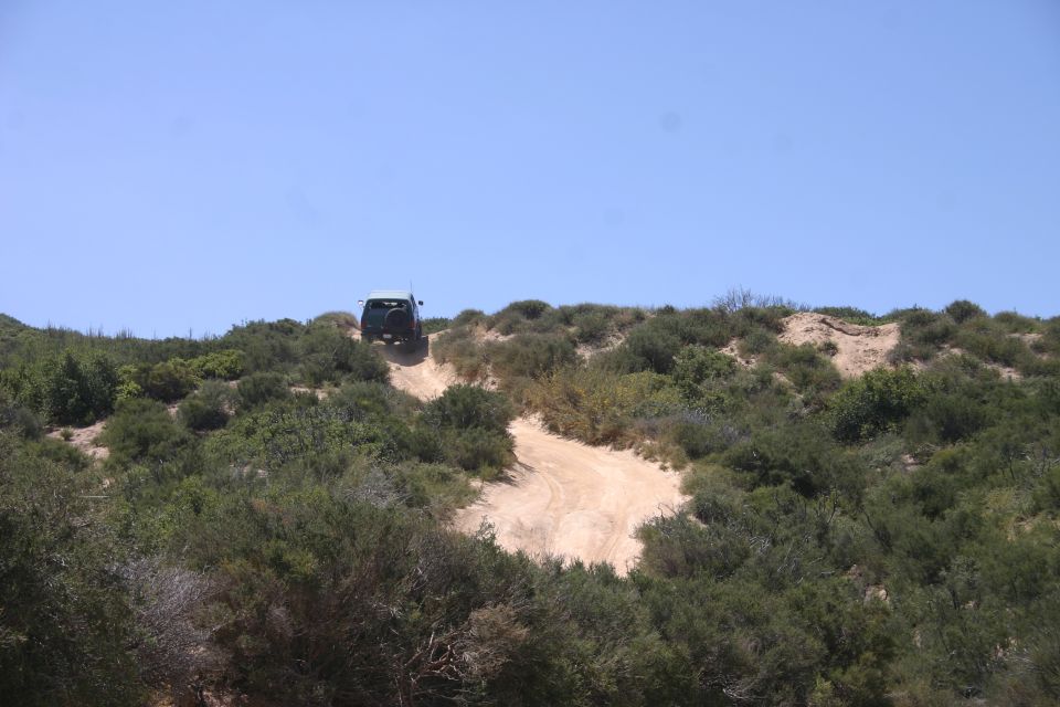 Dark SUV climbing a sandy dirt track on a hill with green brush under a clear blue sky
