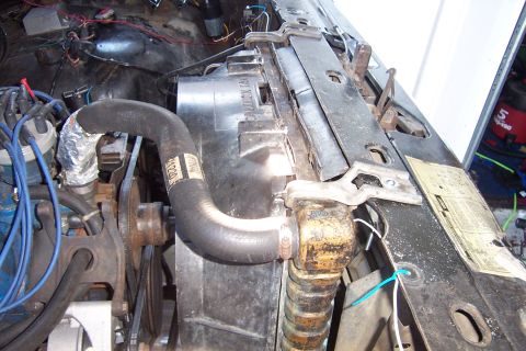 1980 Ford Bronco - Close-up view of a vehicle's radiator and associated engine components, including hoses and wiring.