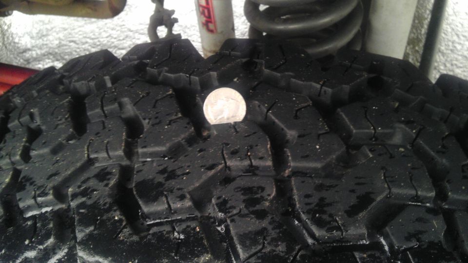 Close-up of a tire tread with a quarter on it. Some suspension parts are visible in the background