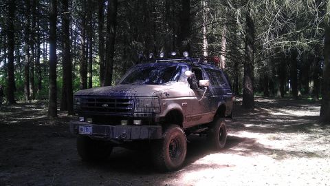 1995 Ford Bronco - A lifted, mud-splattered Ford Bronco sits in a wooded area, ready for off-road adventure.