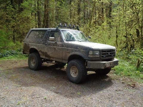 1995 Ford Bronco - This heavily soiled SUV is parked on a dirt path surrounded by lush green trees.