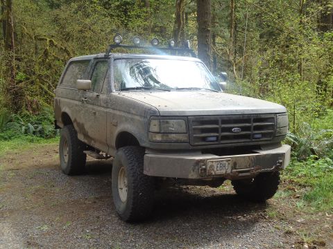 1995 Ford Bronco - This 1995 Ford Bronco, covered in mud, sits on a dirt path surrounded by trees, equipped with off-road tires and auxiliary lights.