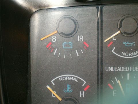 1990 Ford Bronco - Close-up of a vehicle's interior dashboard gauges, including battery, fuel, and temperature indicators.