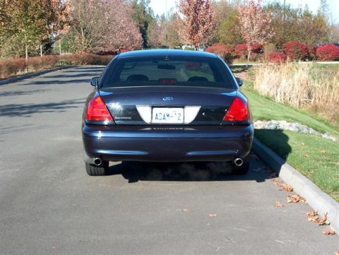 2001 Ford Crown Victoria - This Ford Crown Victoria, likely a 2001 model, is shown from the rear on a paved road with autumn foliage in the background.