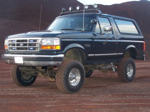 1995 Ford Bronco - This lifted 1995 Ford Bronco is equipped for off-road adventures with its substantial suspension and auxiliary lighting.