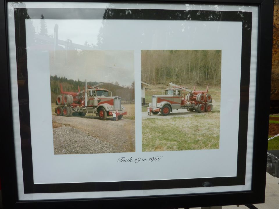 Two logging trucks, one in front of the other, with trees in the background. Text reads 'Truck #9 in 1966'