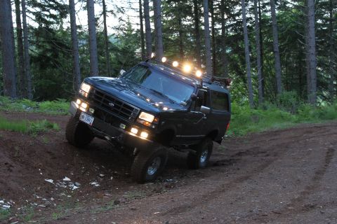 1995 Ford Bronco - A dark blue Ford Bronco navigates a wooded dirt road with its front end angled towards the viewer.