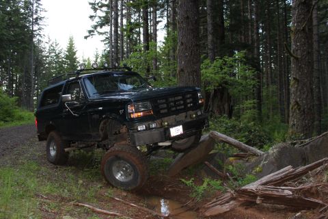1995 Ford Bronco - This black 1995 Ford Bronco is shown off-roading through a wooded area with a challenging rocky terrain.