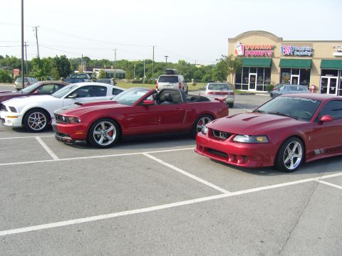 2007 Ford Mustang - Three Ford Mustangs are parked in a lot near a Dunkin' Donuts.