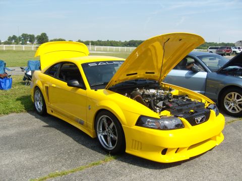 2007 Ford Mustang - Yellow Ford Mustang coupe with hood and trunk open, parked next to another vehicle.