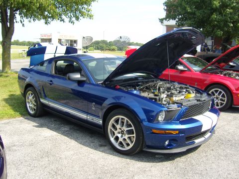 2007 Ford Mustang - A blue 2007 Ford Mustang GT 500 is parked outside with its hood open, alongside another red Mustang.