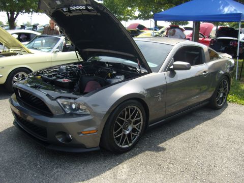 2007 Ford Mustang - A gray Ford Mustang is displayed with its hood up at an outdoor car show.