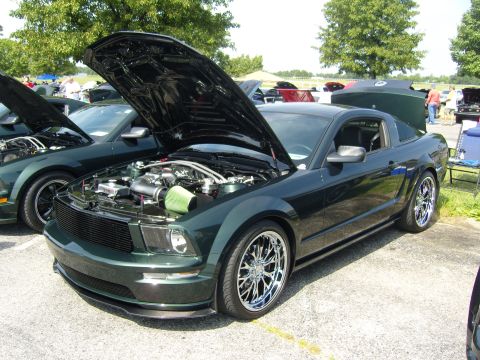2007 Ford Mustang - Two dark green Ford Mustangs are parked side-by-side with their hoods open at an outdoor car show.