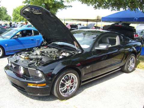 2007 Ford Mustang - A black Ford Mustang GT is displayed with its hood open at an outdoor car show.