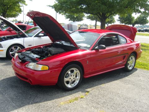 2007 Ford Mustang - Red Ford Mustang with hood open, parked next to a white Mustang at an outdoor car show.