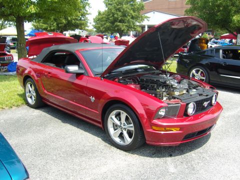2007 Ford Mustang - A red convertible Mustang is displayed with its hood open at an outdoor event.