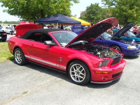 2007 Ford Mustang - A red convertible Mustang GT500 is displayed with its hood open at an outdoor car show.