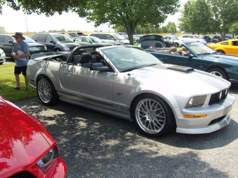2007 Ford Mustang - A silver Ford Mustang GT convertible is parked in a lot with other vehicles under a tree.