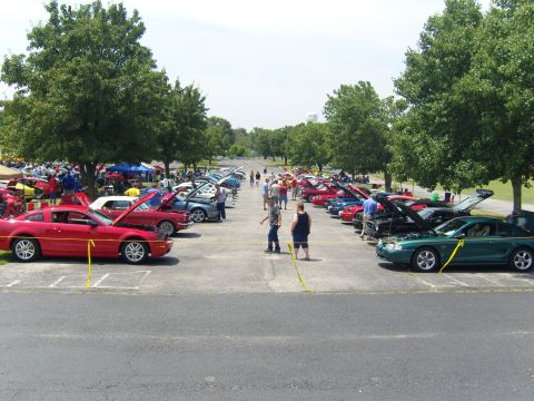 2007 Ford Mustang - A gathering of vehicles, many with their hoods open, displayed outdoors on a sunny day.