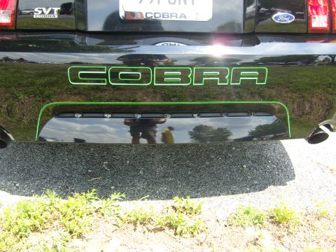 2007 Ford Mustang - Rear view of a black Ford Mustang Cobra, showing the distinctive green 'COBRA' lettering and SVT badge.