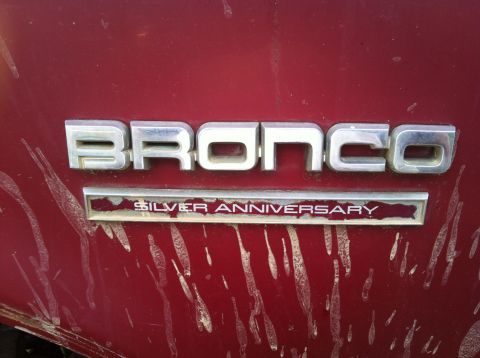 1991 Ford Bronco - Close-up of a vehicle's rear panel displaying the 'Bronco Silver Anniversary' emblem.