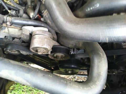 1991 Ford Bronco - Close-up view of engine components, including belts and pulleys.