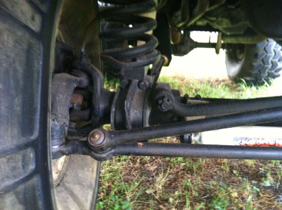 Close-up of a vehicle's front suspension, tire, and steering linkage. Shows a coil spring and shock absorber