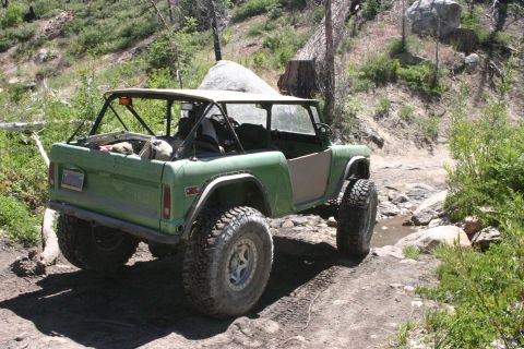 1991 Ford Bronco - This modified SUV navigates a rocky trail with dense foliage on either side.
