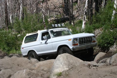 1991 Ford Bronco - This white Ford Bronco navigates a rocky trail, its off-road capabilities evident.