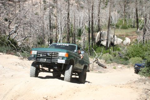 1991 Ford Bronco - A green SUV navigates a dry, wooded terrain with another vehicle visible in the background.