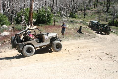 1991 Ford Bronco - A group of off-road vehicles navigate a dusty trail through a wooded area with burnt trees.