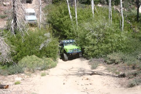1991 Ford Bronco - Two off-road vehicles navigate a wooded trail, one green and modified, the other lighter colored further up the path.