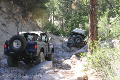 1991 Ford Bronco - Two off-road vehicles, a Ford Bronco and a Jeep, traverse a challenging rocky path in a wooded area.