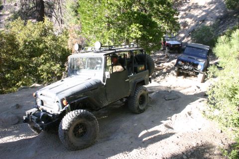 1991 Ford Bronco - Multiple off-road vehicles navigate a challenging dirt trail surrounded by trees and rocks.