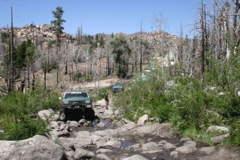 1991 Ford Bronco - A 1991 Ford Bronco tackles a challenging rocky path in a wooded, mountainous area.