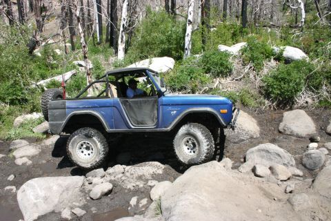 1991 Ford Bronco - A blue Ford Bronco tackles a challenging off-road trail with large rocks and trees.
