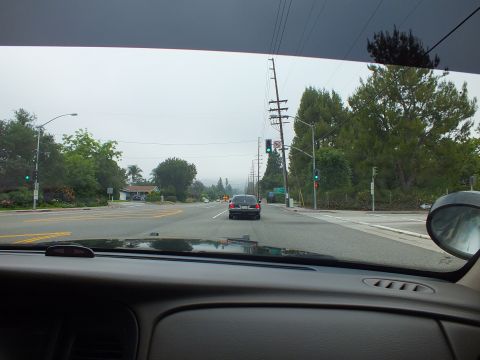 2003 Ford Crown Victoria - Driver-view through a windshield of a dark sedan stopped at a tree-lined intersection in gray weather.