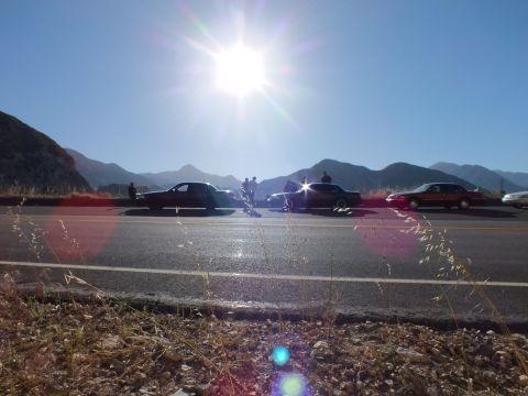 2003 Ford Crown Victoria - Two dark sedans and others sit at a roadside pullout under a blazing sun, dry grass in front.