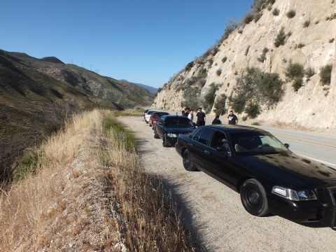 2003 Ford Crown Victoria - Row of dark sedans on a gravel pullout, group of people between cars beneath a steep cut bank