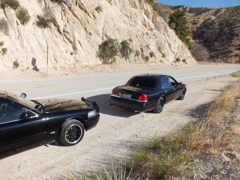 2003 Ford Crown Victoria - Rear views of two dark sedans on aftermarket wheels parked on a mountain road shoulder
