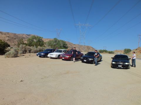 2003 Ford Crown Victoria - Group of full-size sedans and their owners gathered in a dirt clearing under power lines