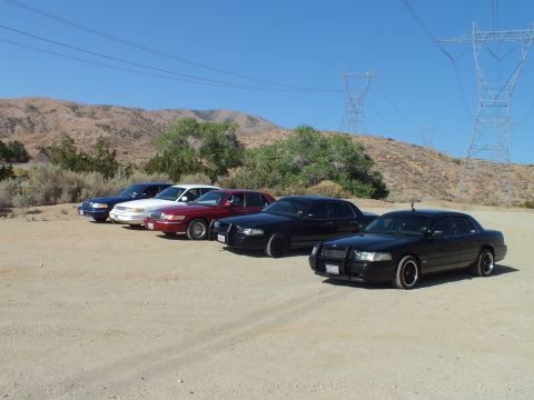 2003 Ford Crown Victoria - Blacked-out sedan on dark rims leads a lineup of cars in a sandy clearing under transmission towers