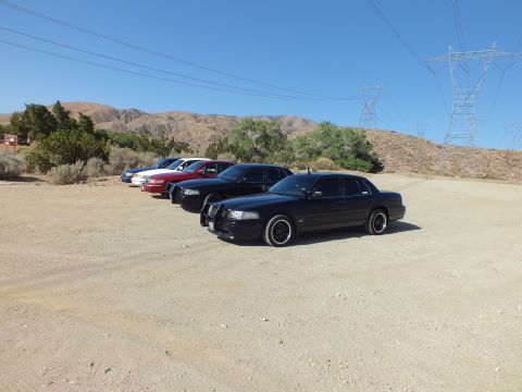2003 Ford Crown Victoria - Lineup of full-size sedans in a sandy clearing fronted by a blacked-out car with push bar