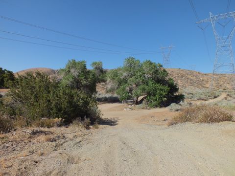 2003 Ford Crown Victoria - dirt track winds past green junipers and dry brush with steel power pylons along the ridge